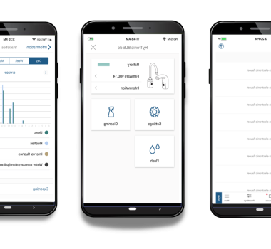 three smart phones showing three different screens of the CF Connect app